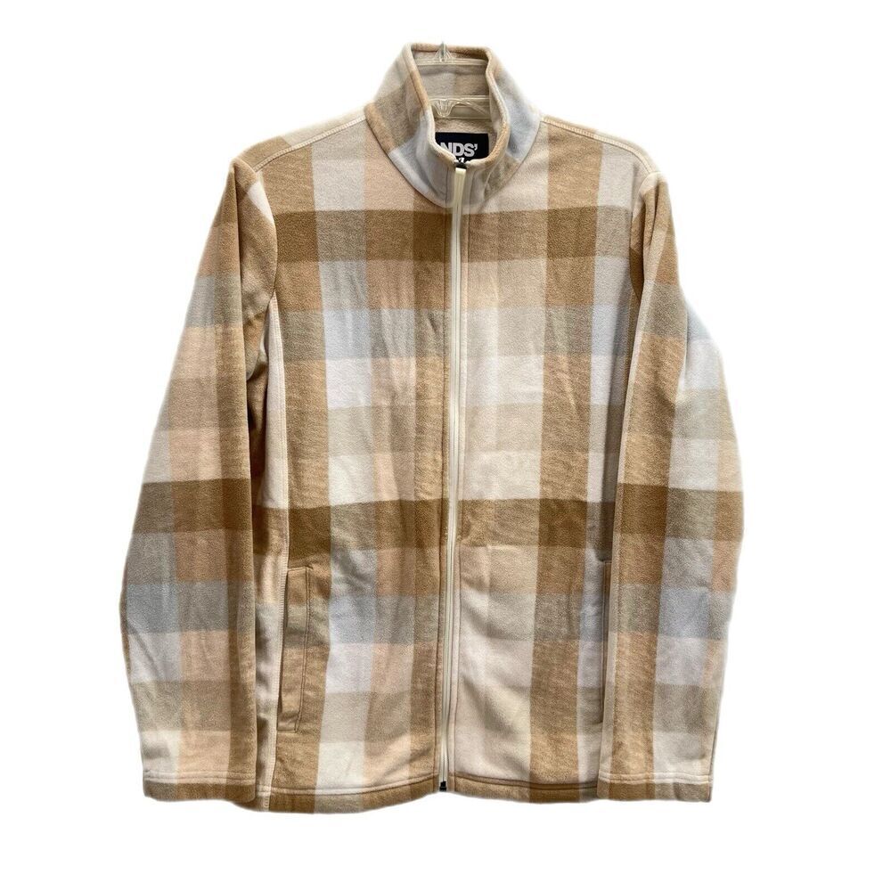 Lands' End Fleece Full Zip Jacket Women Size Large 14-16 Plaid Tan Beige
